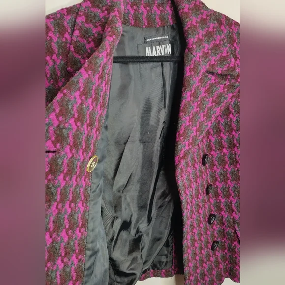 Marvin Richardson Vintage Women's Pink and Black Houndstooth Wool Coat M